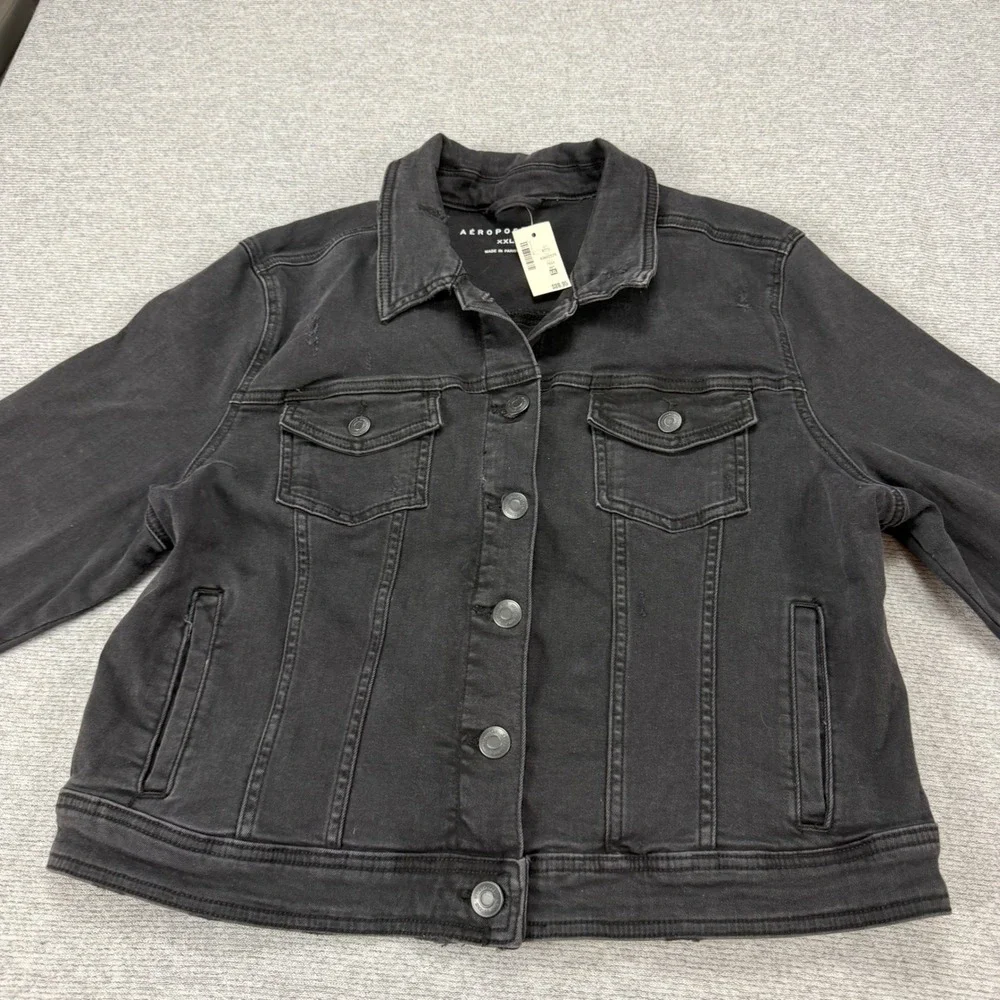 Aeropostale Mens Black Distressed Denim Trucker Jacket‎ XXL 7834-001 New